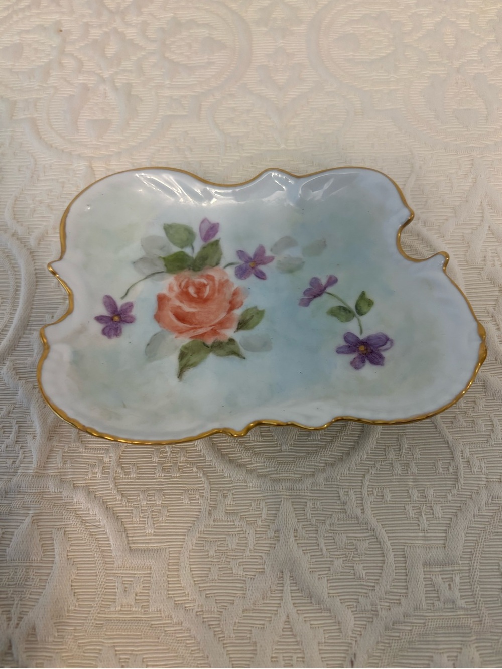 Vintage Handpainted Scalloped Red Rose Purple Trinket Dish Gold Rim Signed 5.5”